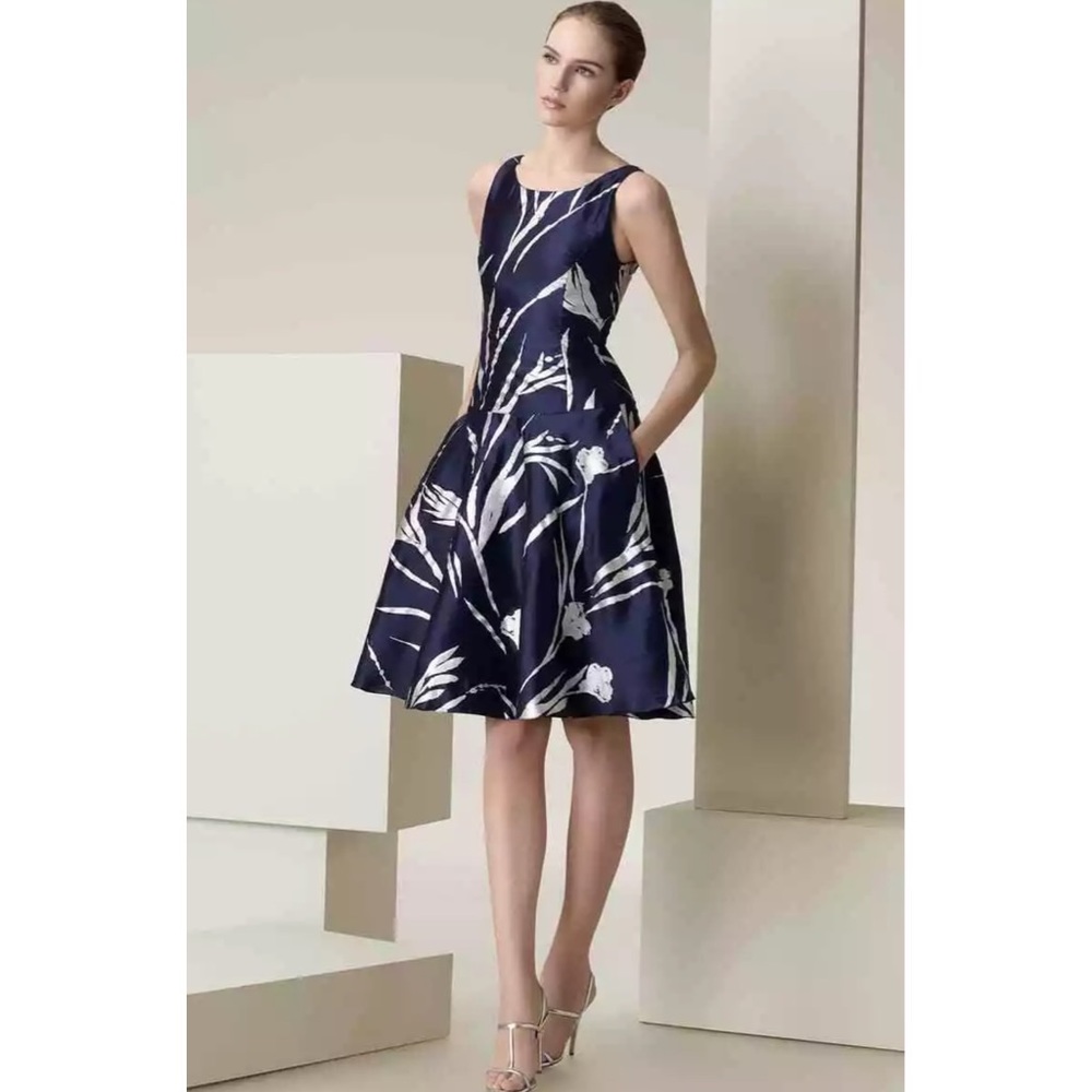 Ralph Lauren Black Label Jodie Silk Mikado Dress Navy Blue Silver Women 10 USA.